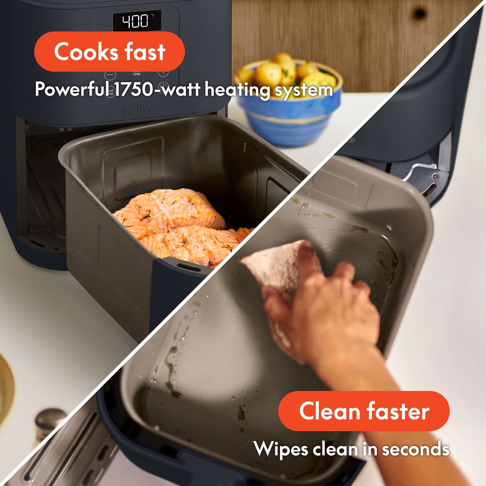 bella Fits-anywhere 6-qt Slim Air Fryer, extra-long basket detail