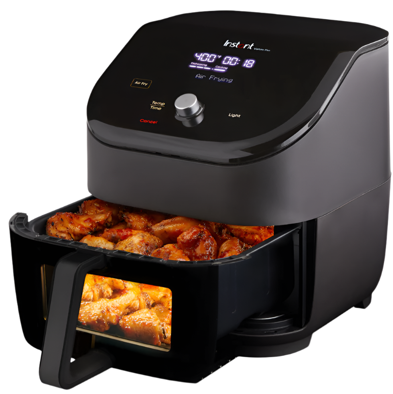 Instant Vortex Plus 6QT ClearCook air fryer with viewing window, basket open