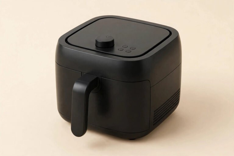 Compact black countertop air fryer on a cream background, studio product shot
