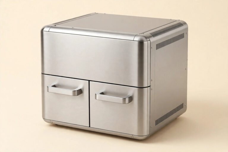 Stainless steel dual-basket countertop air fryer on a cream background, studio product shot