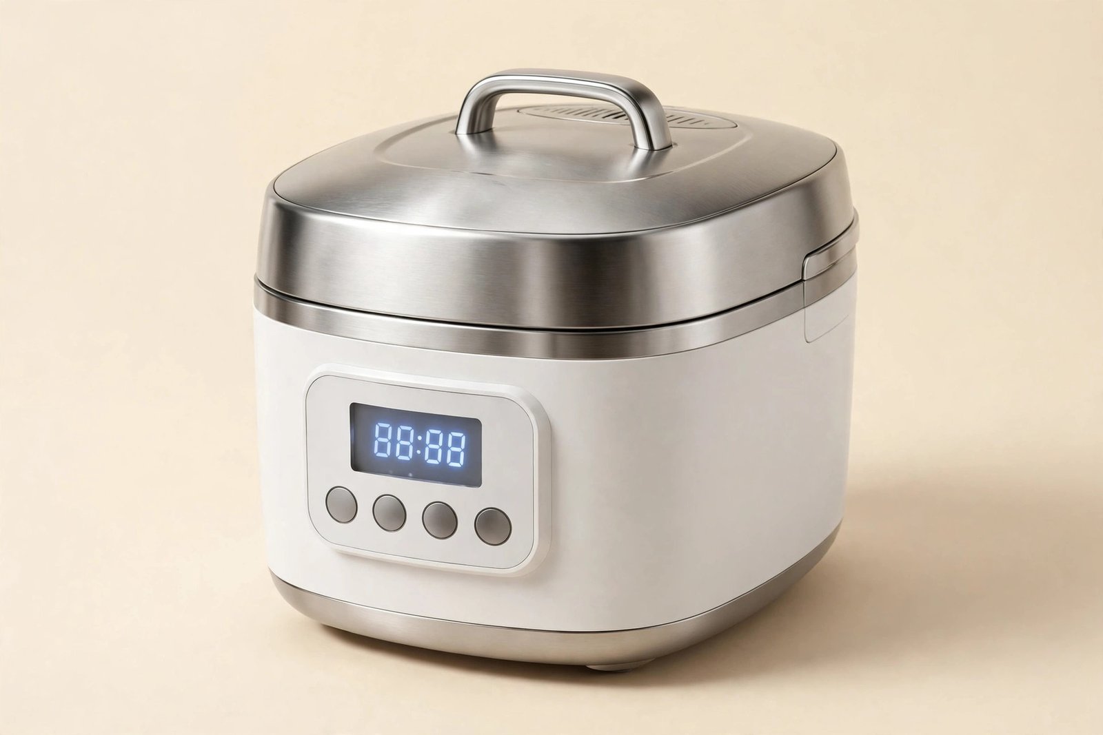Countertop rice cooker on a cream background, studio product shot