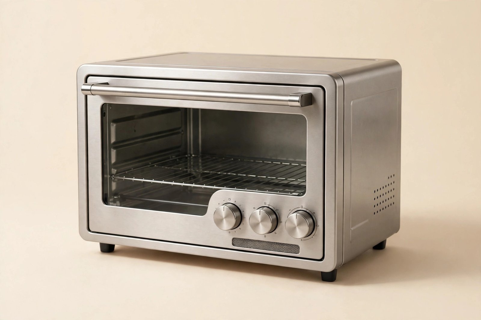 Countertop toaster oven on a cream background, studio product shot