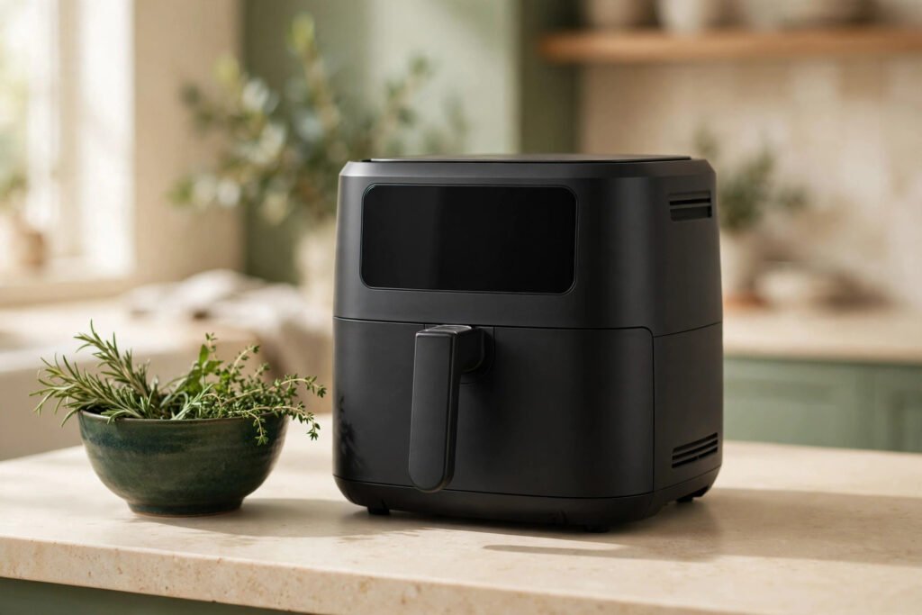 Black countertop air fryer with viewing window on a cream kitchen counter next to a bowl of fresh herbs